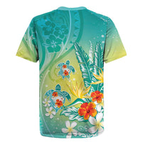 Hawaii Honu Rugby Jersey Tropical Flowers Turquoise Gradient LT05 - Polynesian Pride