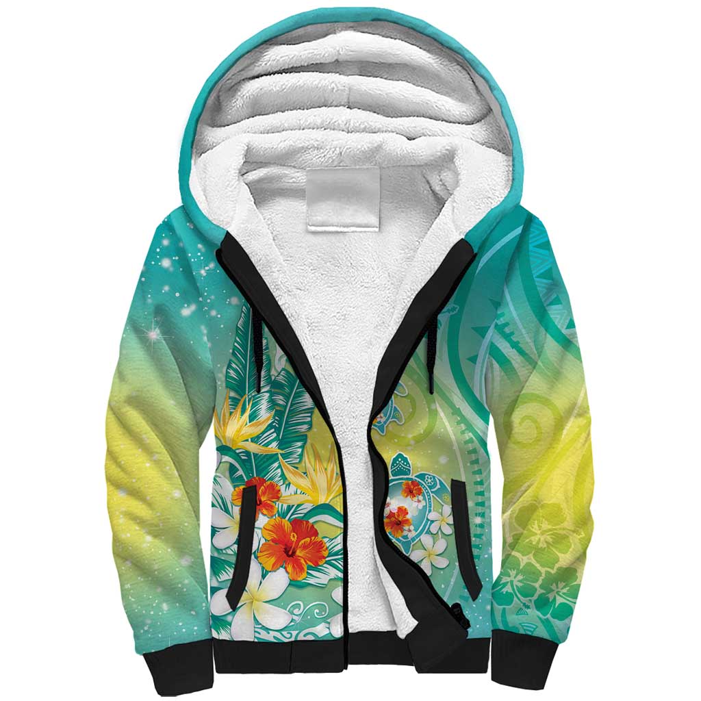 Hawaii Honu Sherpa Hoodie Tropical Flowers Turquoise Gradient LT05 Unisex Turquoise - Polynesian Pride