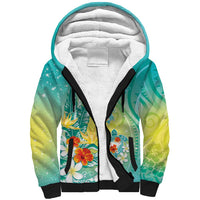Hawaii Honu Sherpa Hoodie Tropical Flowers Turquoise Gradient LT05 Unisex Turquoise - Polynesian Pride