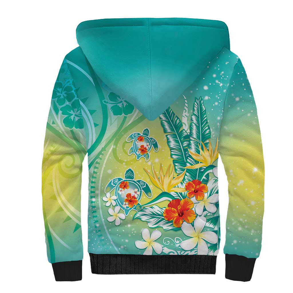 Hawaii Honu Sherpa Hoodie Tropical Flowers Turquoise Gradient LT05 - Polynesian Pride
