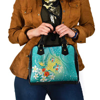 Hawaii Honu Shoulder Handbag Tropical Flowers Turquoise Gradient