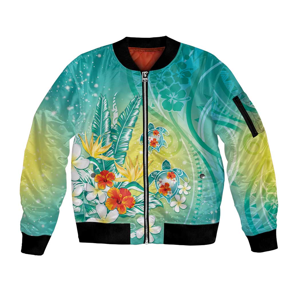 Hawaii Honu Sleeve Zip Bomber Jacket - Tropical Flowers Turquoise Gradient LT05 Unisex Turquoise - Polynesian Pride