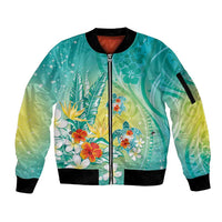 Hawaii Honu Sleeve Zip Bomber Jacket - Tropical Flowers Turquoise Gradient LT05 Unisex Turquoise - Polynesian Pride