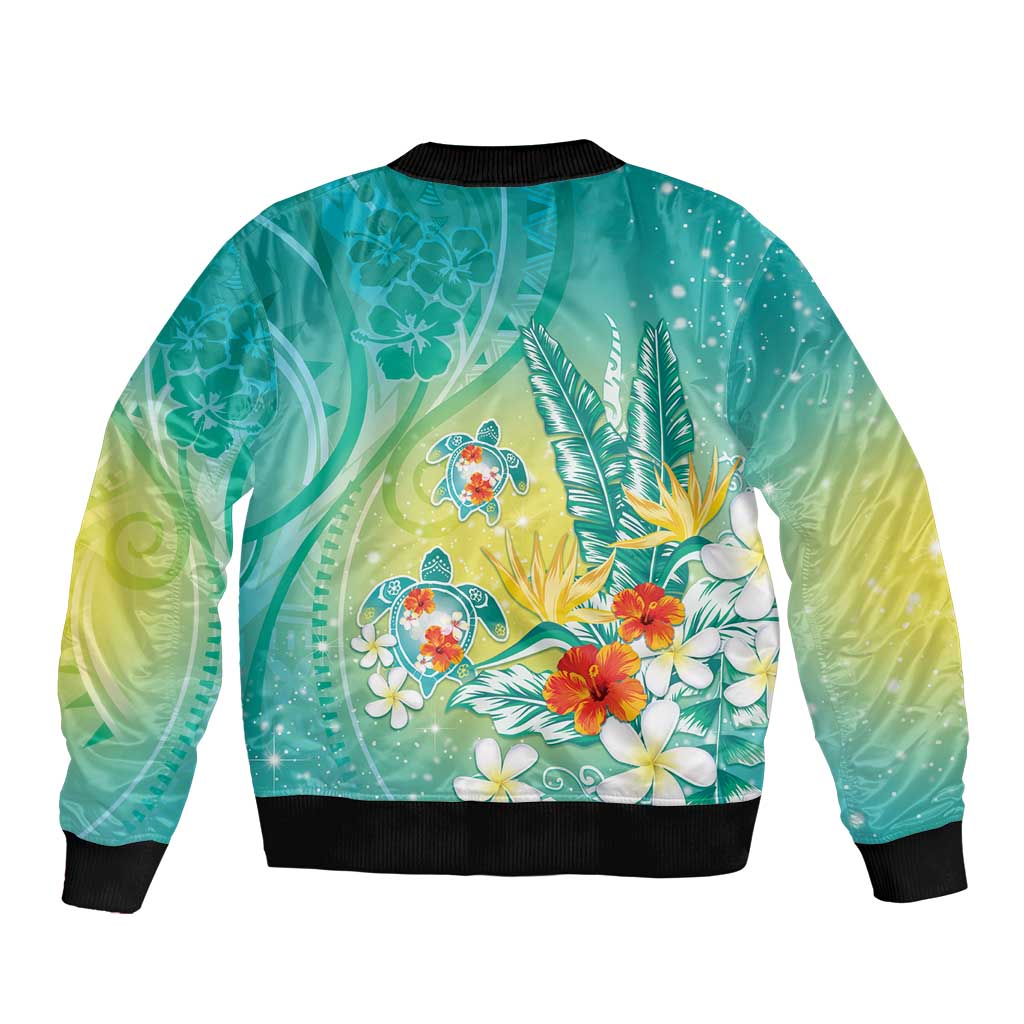 Hawaii Honu Sleeve Zip Bomber Jacket - Tropical Flowers Turquoise Gradient LT05 - Polynesian Pride