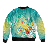 Hawaii Honu Sleeve Zip Bomber Jacket - Tropical Flowers Turquoise Gradient LT05 - Polynesian Pride