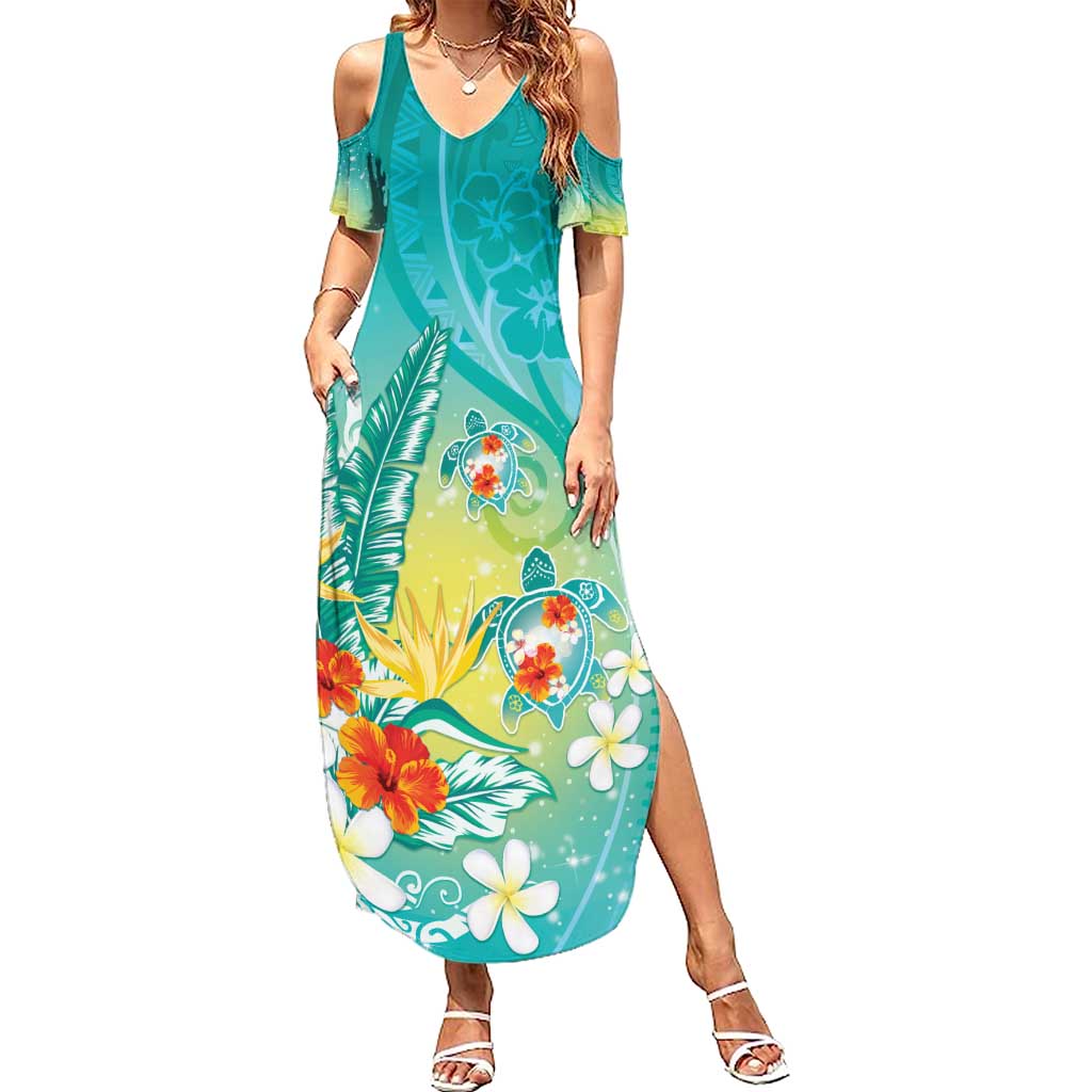 Hawaii Honu Summer Maxi Dress - Tropical Flowers Turquoise Gradient LT05 Women Turquoise - Polynesian Pride