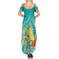 Hawaii Honu Summer Maxi Dress - Tropical Flowers Turquoise Gradient LT05 - Polynesian Pride