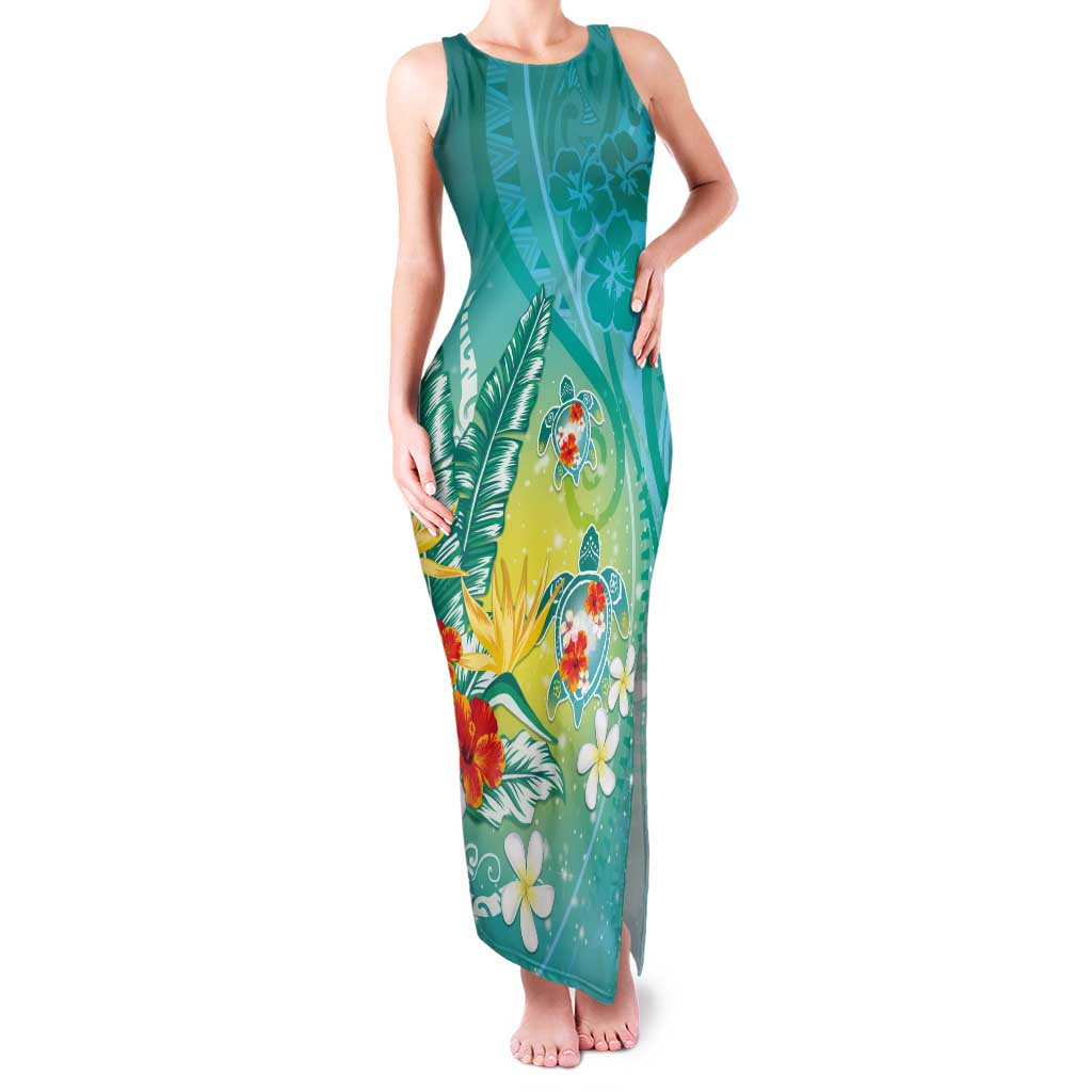 Hawaii Honu Tank Maxi Dress Tropical Flowers Turquoise Gradient LT05 Women Turquoise - Polynesian Pride