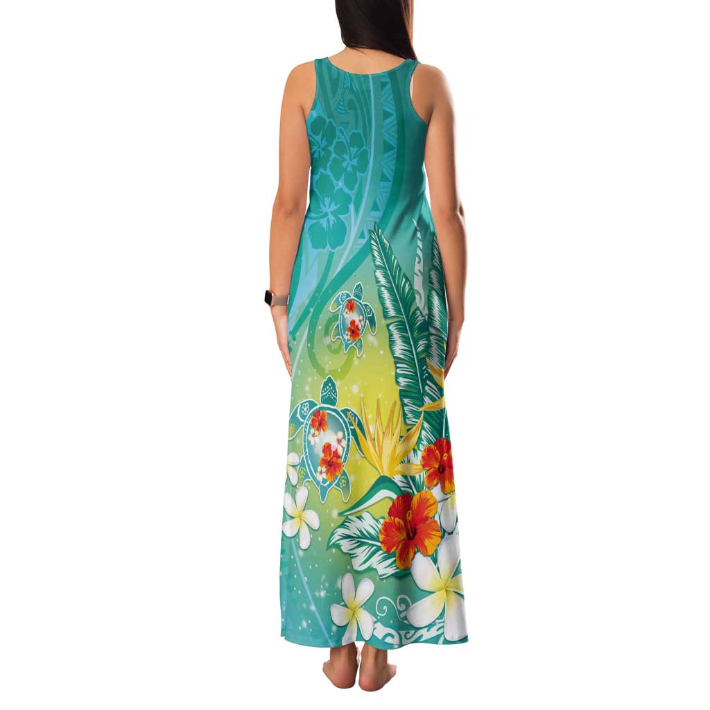 Hawaii Honu Tank Maxi Dress Tropical Flowers Turquoise Gradient LT05 - Polynesian Pride