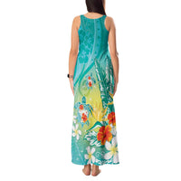 Hawaii Honu Tank Maxi Dress Tropical Flowers Turquoise Gradient LT05 - Polynesian Pride