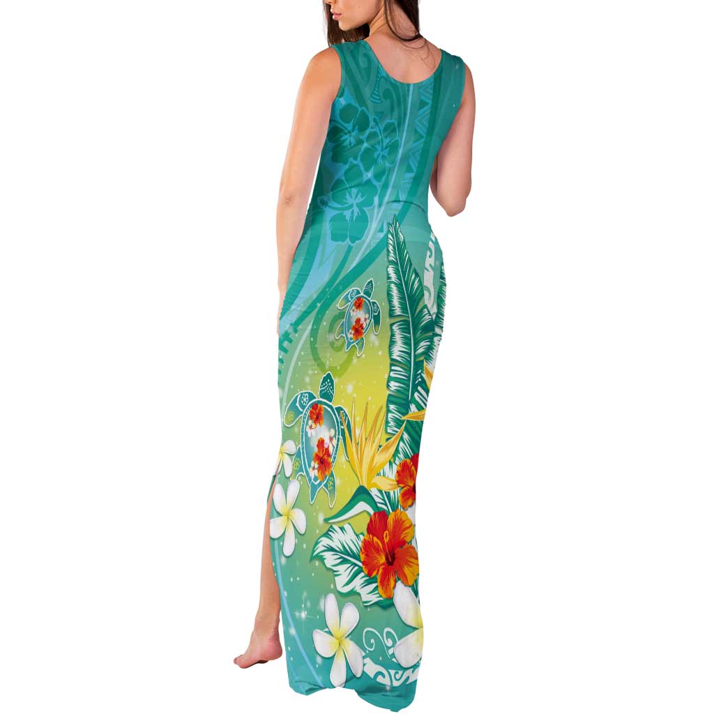 Hawaii Honu Tank Maxi Dress Tropical Flowers Turquoise Gradient LT05 - Polynesian Pride