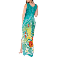 Hawaii Honu Tank Maxi Dress Tropical Flowers Turquoise Gradient LT05 - Polynesian Pride