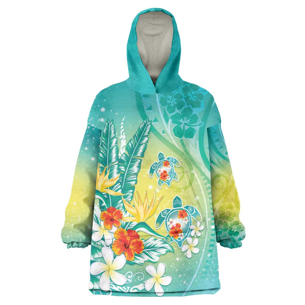 Hawaii Honu Wearable Blanket Hoodie Tropical Flowers Turquoise Gradient LT05 One Size Turquoise - Polynesian Pride