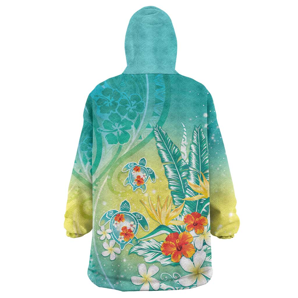 Hawaii Honu Wearable Blanket Hoodie Tropical Flowers Turquoise Gradient LT05 - Polynesian Pride