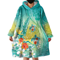 Hawaii Honu Wearable Blanket Hoodie Tropical Flowers Turquoise Gradient LT05 - Polynesian Pride