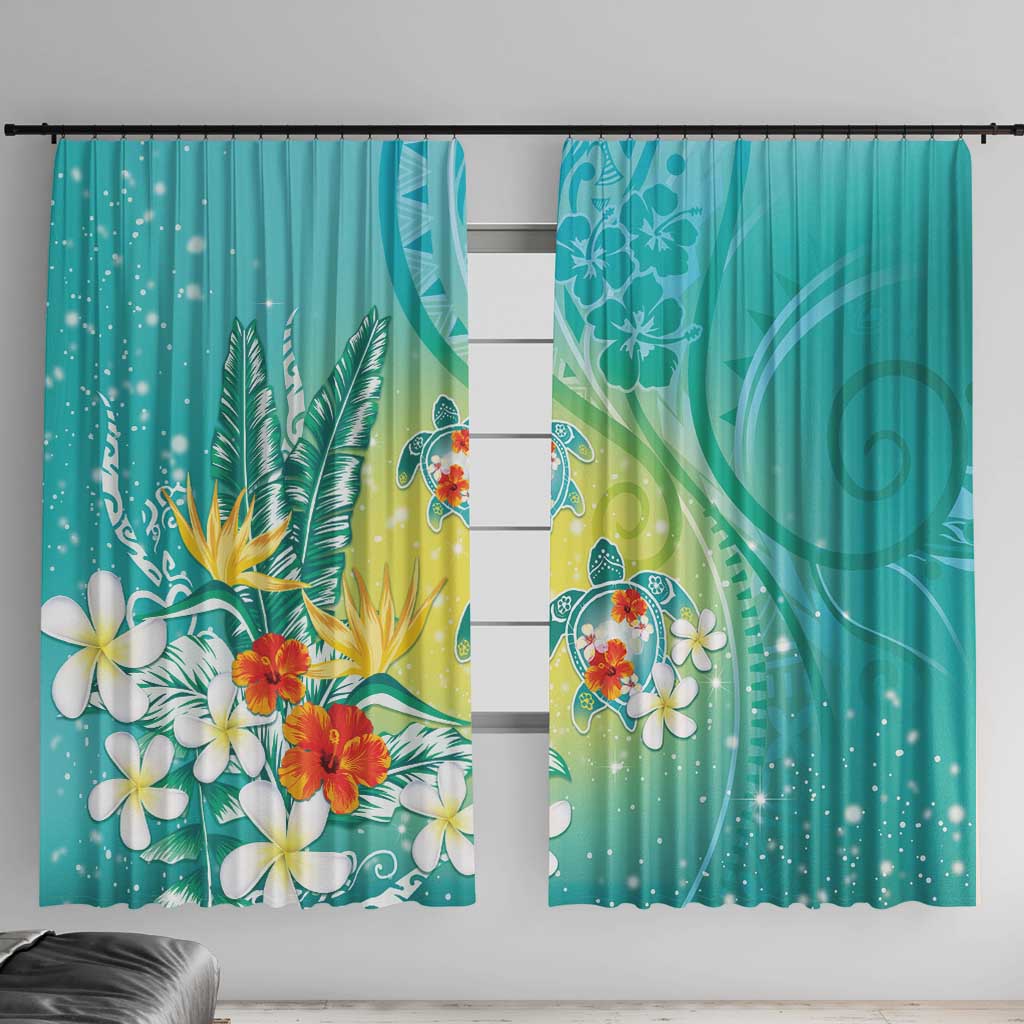 Hawaii Honu Window Curtain Tropical Flowers Turquoise Gradient LT05 With Hooks Turquoise - Polynesian Pride