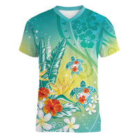 Hawaii Honu Women V-Neck T-Shirt Tropical Flowers Turquoise Gradient LT05 Female Turquoise - Polynesian Pride