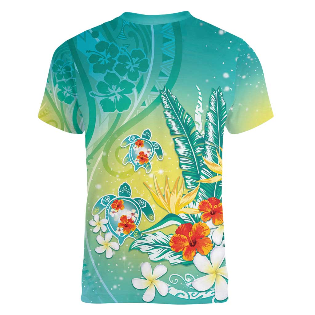 Hawaii Honu Women V-Neck T-Shirt Tropical Flowers Turquoise Gradient LT05 - Polynesian Pride
