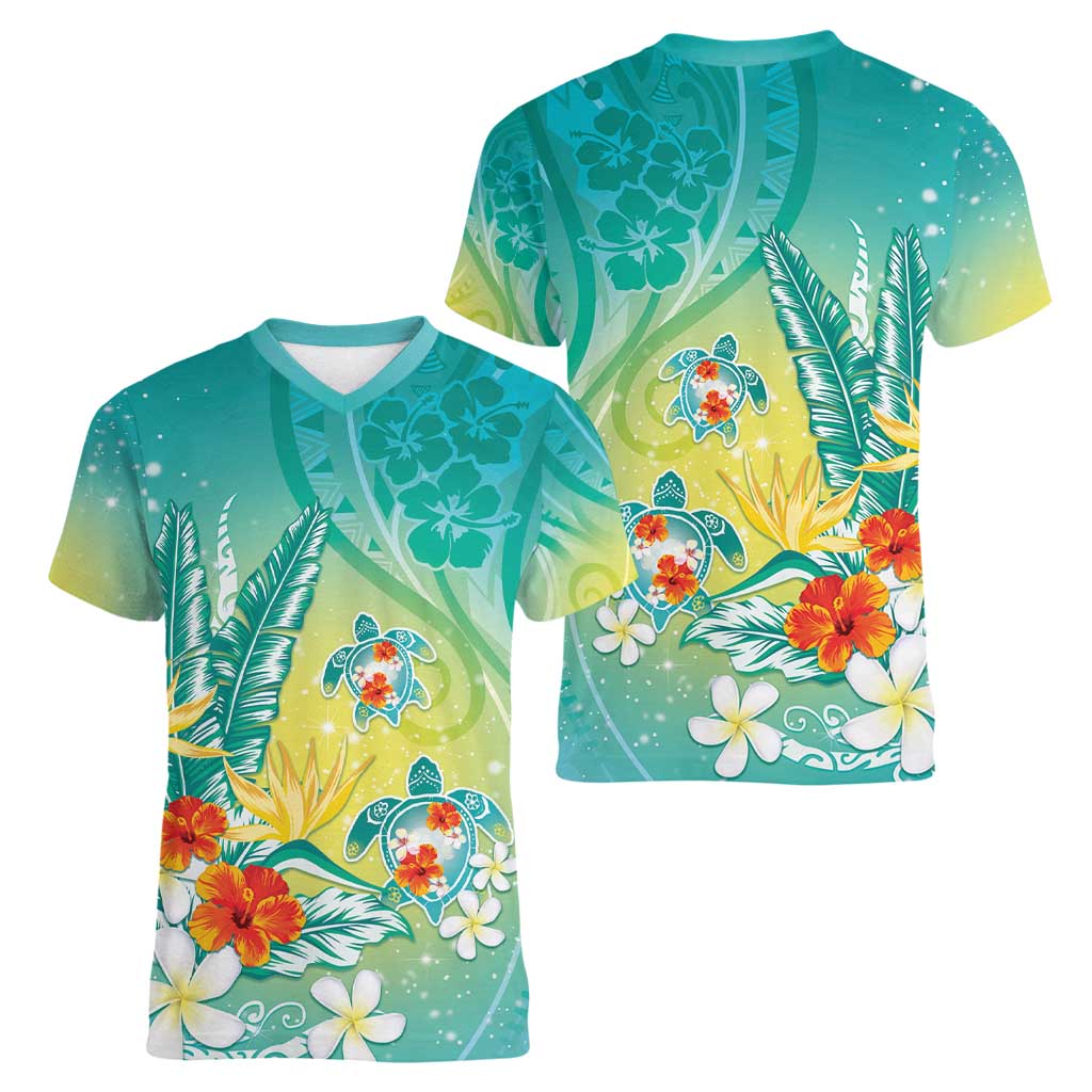 Hawaii Honu Women V-Neck T-Shirt Tropical Flowers Turquoise Gradient LT05 - Polynesian Pride