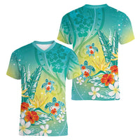Hawaii Honu Women V-Neck T-Shirt Tropical Flowers Turquoise Gradient LT05 - Polynesian Pride