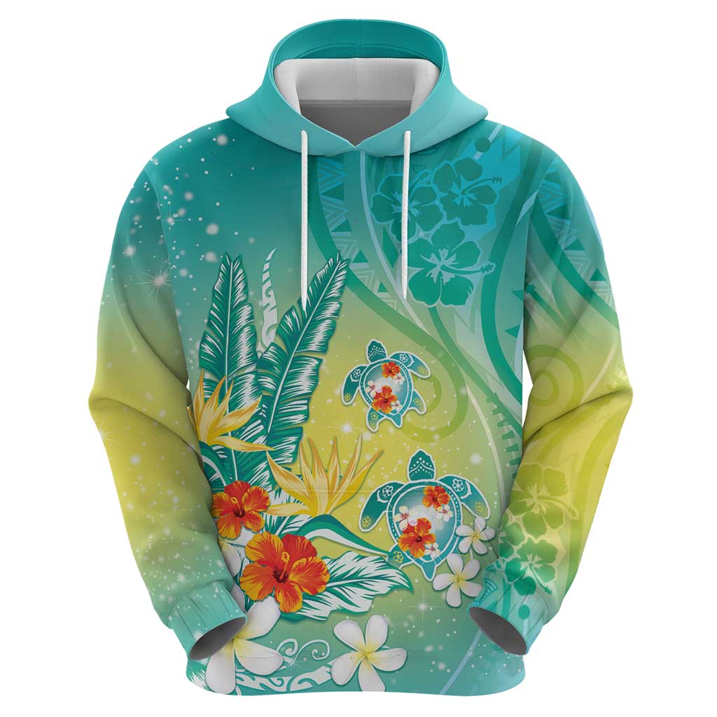 Hawaii Honu Zip Hoodie Tropical Flowers Turquoise Gradient