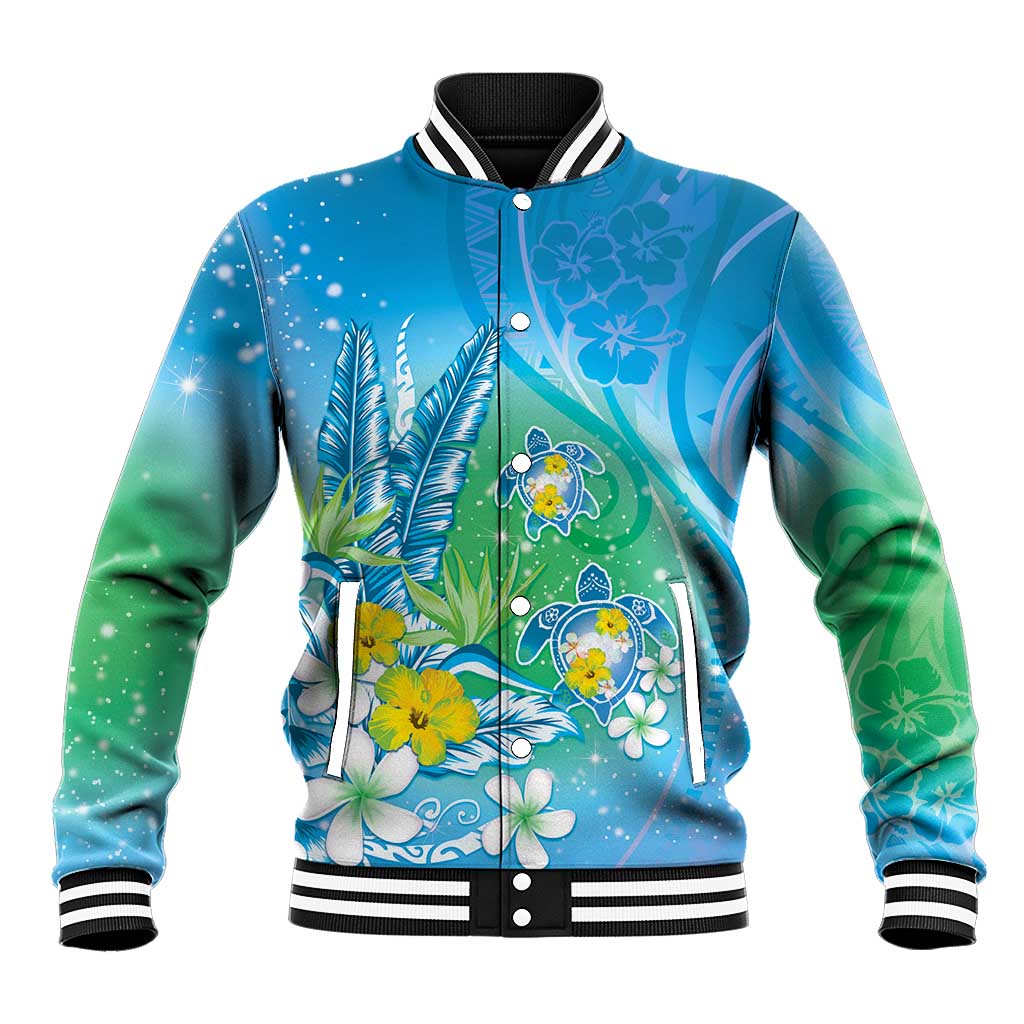 Hawaii Honu Baseball Jacket Tropical Flowers Blue Gradient LT05 Unisex Blue - Polynesian Pride