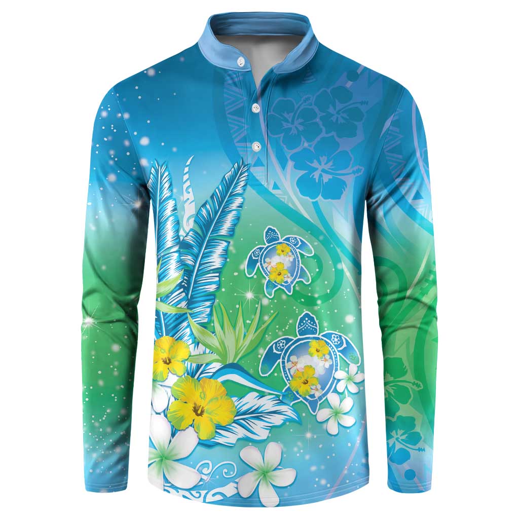 Hawaii Honu Button Sweatshirt Tropical Flowers Blue Gradient LT05 Blue - Polynesian Pride