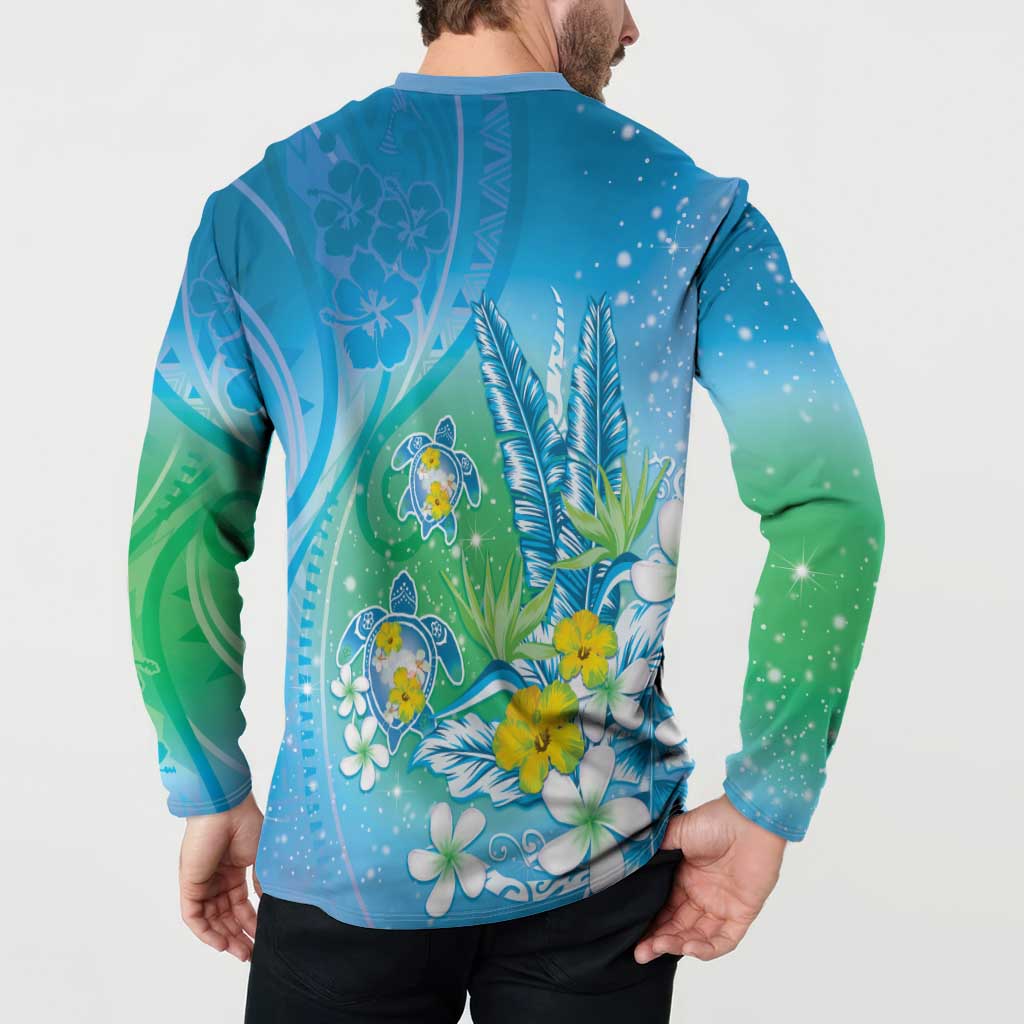 Hawaii Honu Button Sweatshirt Tropical Flowers Blue Gradient LT05 - Polynesian Pride