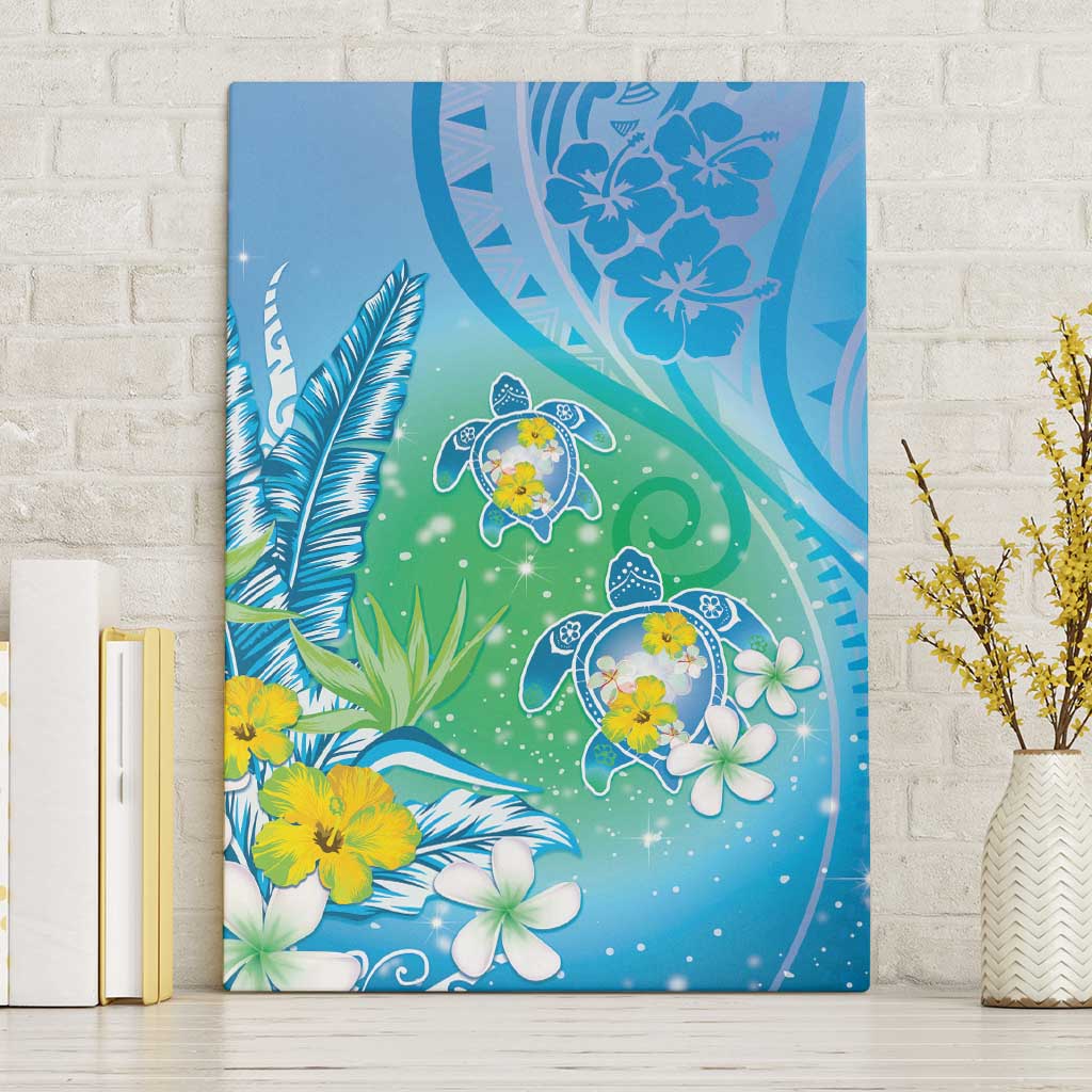 Hawaii Honu Canvas Wall Art Tropical Flowers Blue Gradient LT05 Without Frame Blue - Polynesian Pride
