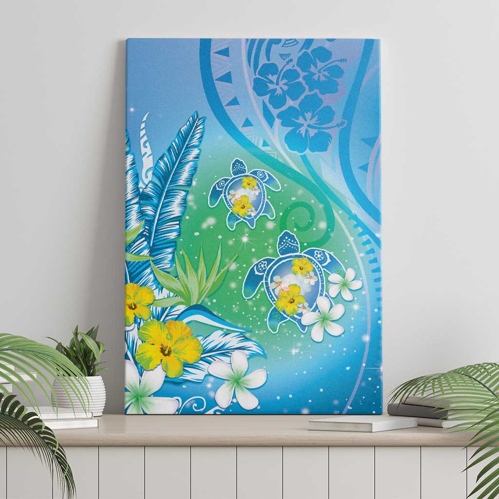 Hawaii Honu Canvas Wall Art Tropical Flowers Blue Gradient LT05 - Polynesian Pride