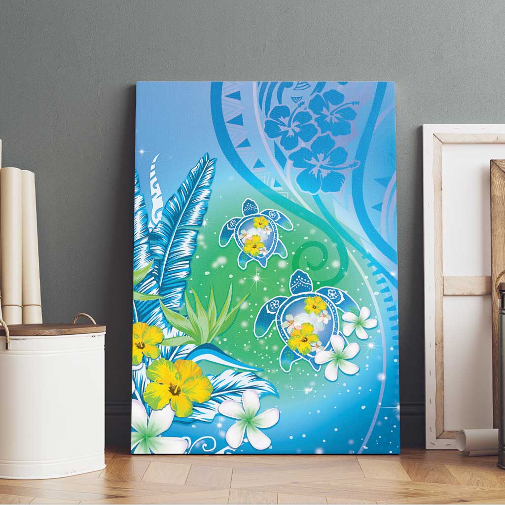 Hawaii Honu Canvas Wall Art Tropical Flowers Blue Gradient LT05 - Polynesian Pride