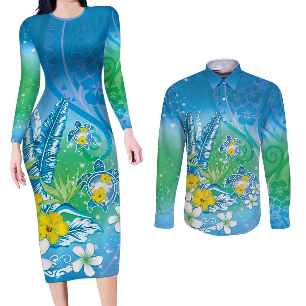Hawaii Honu Couples Matching Long Sleeve Bodycon Dress and Long Sleeve Button Shirt Tropical Flowers Blue Gradient LT05 Blue - Polynesian Pride