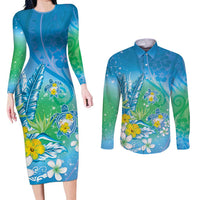 Hawaii Honu Couples Matching Long Sleeve Bodycon Dress and Long Sleeve Button Shirt Tropical Flowers Blue Gradient LT05 Blue - Polynesian Pride