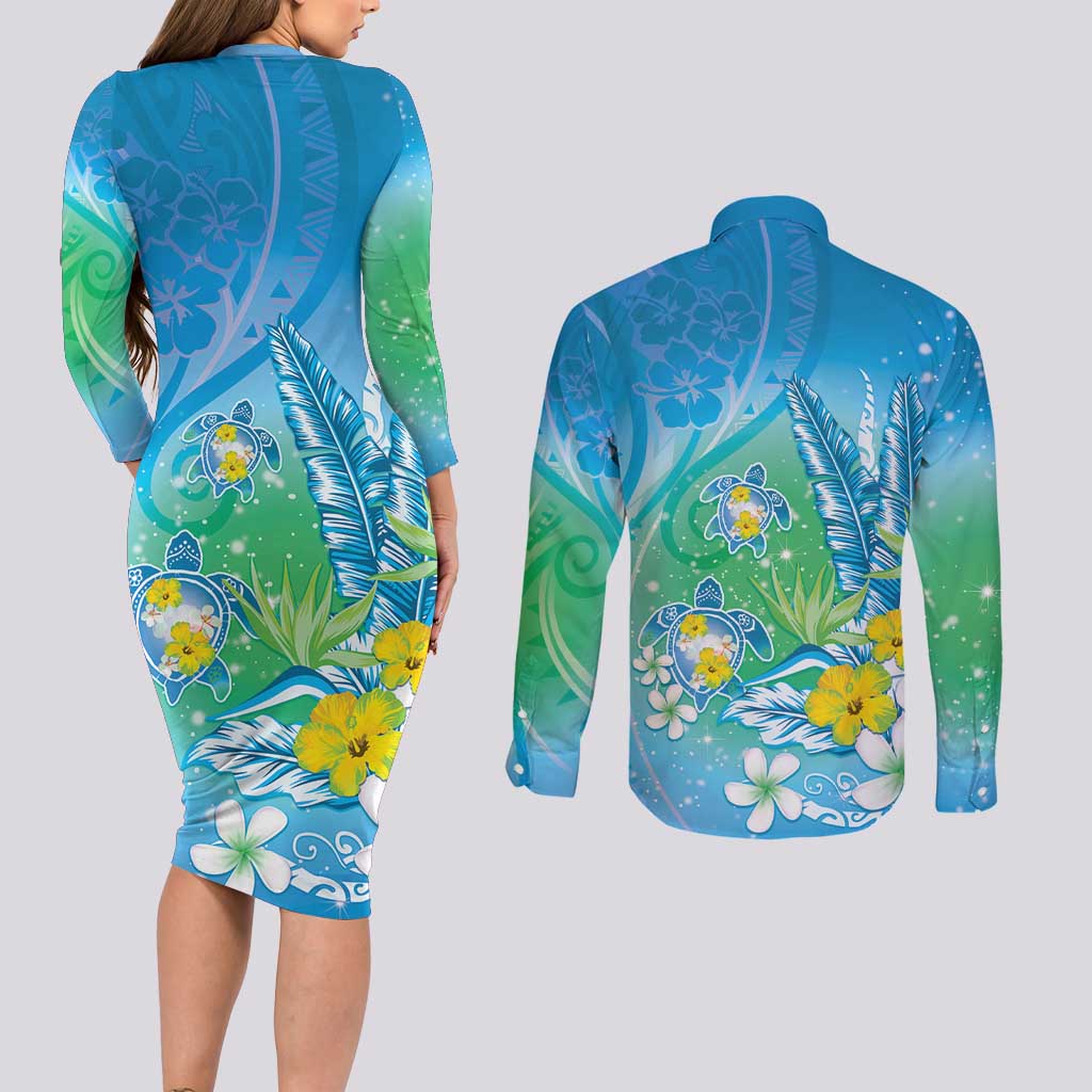 Hawaii Honu Couples Matching Long Sleeve Bodycon Dress and Long Sleeve Button Shirt Tropical Flowers Blue Gradient LT05 - Polynesian Pride