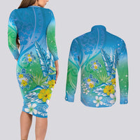 Hawaii Honu Couples Matching Long Sleeve Bodycon Dress and Long Sleeve Button Shirt Tropical Flowers Blue Gradient LT05 - Polynesian Pride