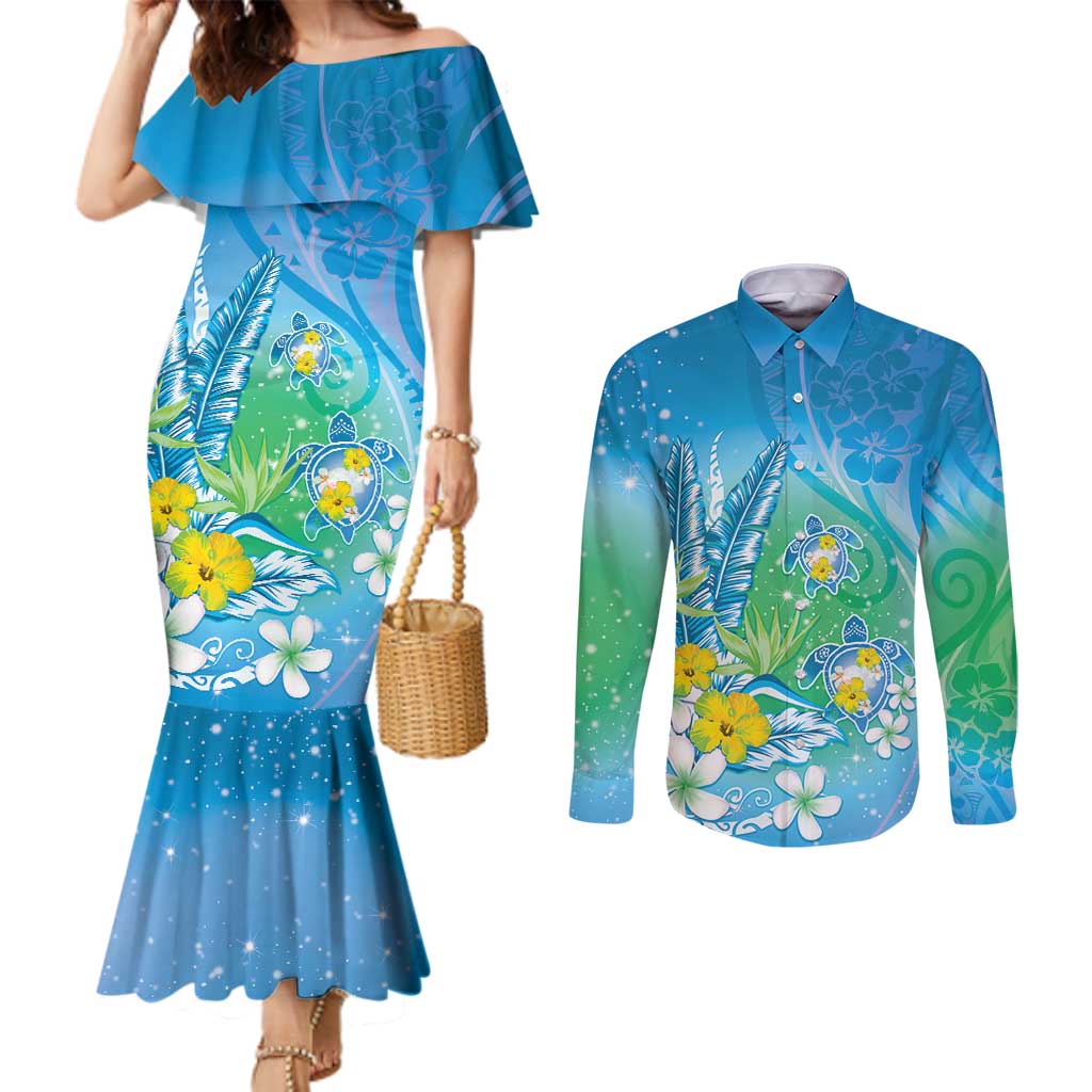 Hawaii Honu Couples Matching Mermaid Dress and Long Sleeve Button Shirt Tropical Flowers Blue Gradient LT05 Blue - Polynesian Pride