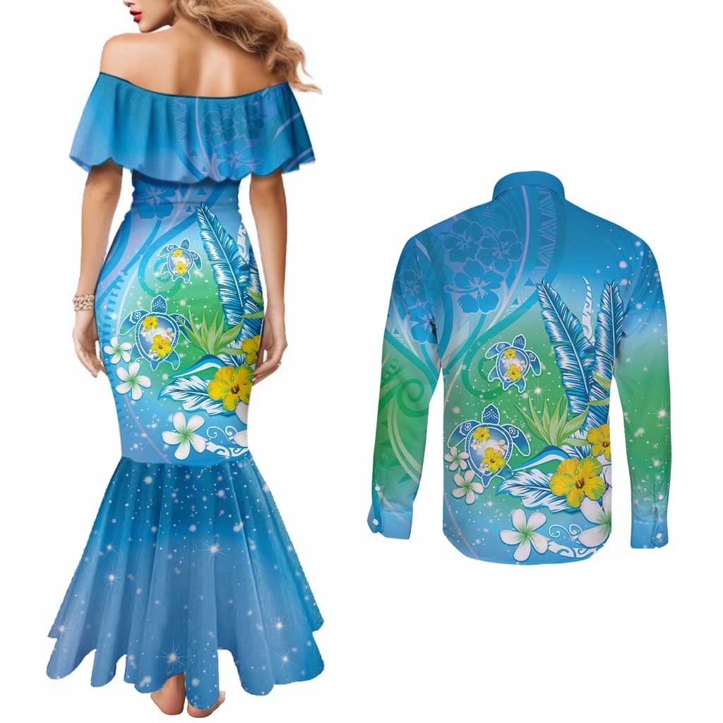 Hawaii Honu Couples Matching Mermaid Dress and Long Sleeve Button Shirt Tropical Flowers Blue Gradient LT05 - Polynesian Pride