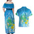 Hawaii Honu Couples Matching Off Shoulder Maxi Dress and Hawaiian Shirt Tropical Flowers Blue Gradient