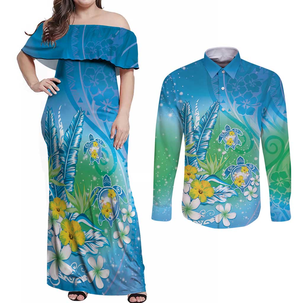 Hawaii Honu Couples Matching Off Shoulder Maxi Dress and Long Sleeve Button Shirt Tropical Flowers Blue Gradient LT05 Blue - Polynesian Pride