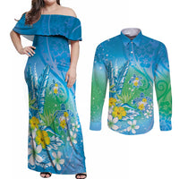 Hawaii Honu Couples Matching Off Shoulder Maxi Dress and Long Sleeve Button Shirt Tropical Flowers Blue Gradient LT05 Blue - Polynesian Pride