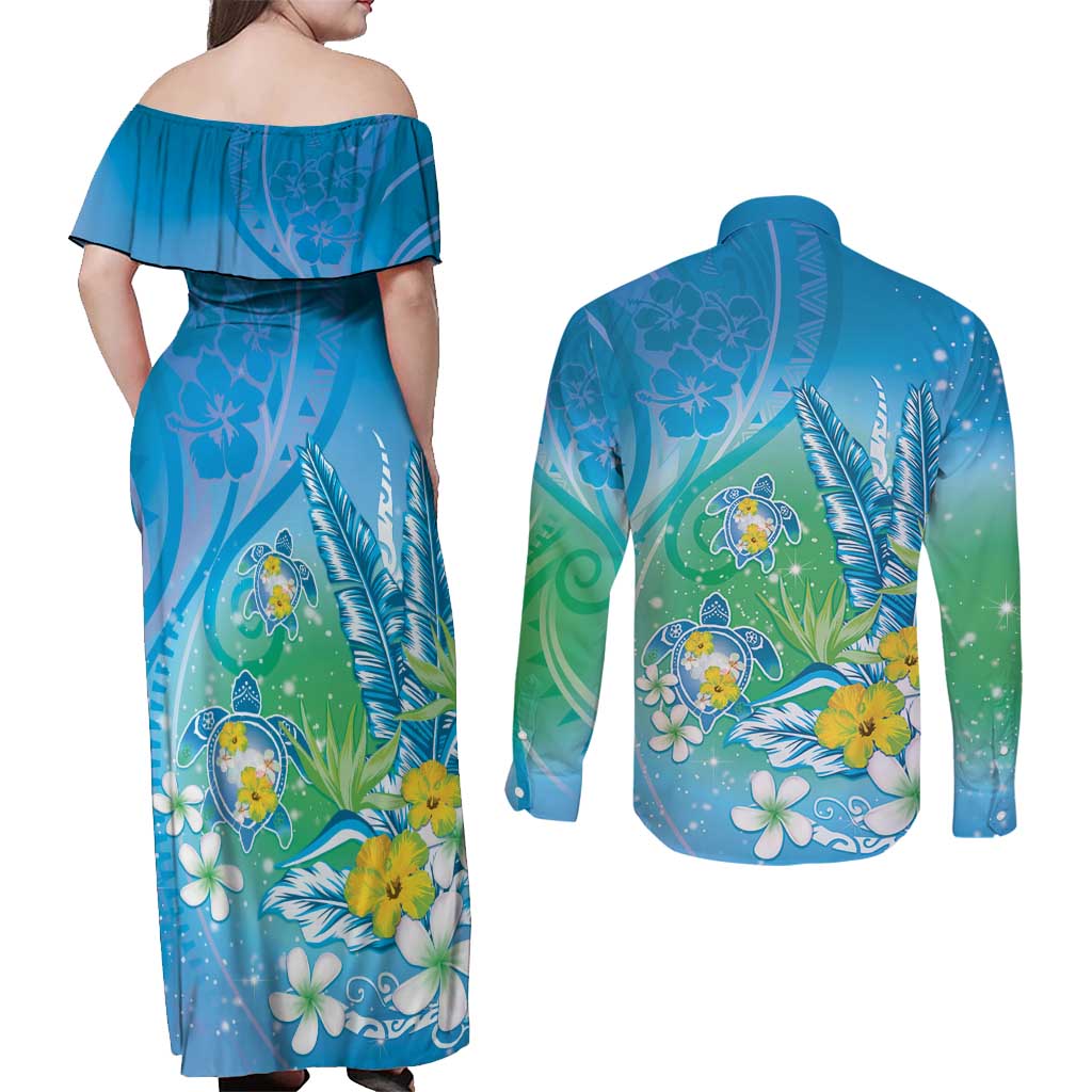 Hawaii Honu Couples Matching Off Shoulder Maxi Dress and Long Sleeve Button Shirt Tropical Flowers Blue Gradient LT05 - Polynesian Pride