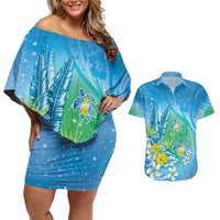 Hawaii Honu Couples Matching Off Shoulder Short Dress and Hawaiian Shirt Tropical Flowers Blue Gradient LT05 Blue - Polynesian Pride