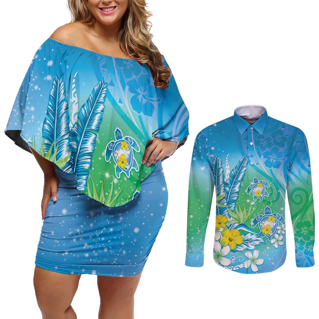 Hawaii Honu Couples Matching Off Shoulder Short Dress and Long Sleeve Button Shirt Tropical Flowers Blue Gradient LT05 Blue - Polynesian Pride