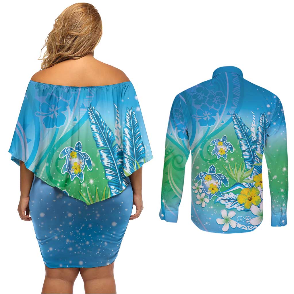 Hawaii Honu Couples Matching Off Shoulder Short Dress and Long Sleeve Button Shirt Tropical Flowers Blue Gradient LT05 - Polynesian Pride