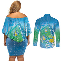 Hawaii Honu Couples Matching Off Shoulder Short Dress and Long Sleeve Button Shirt Tropical Flowers Blue Gradient LT05 - Polynesian Pride