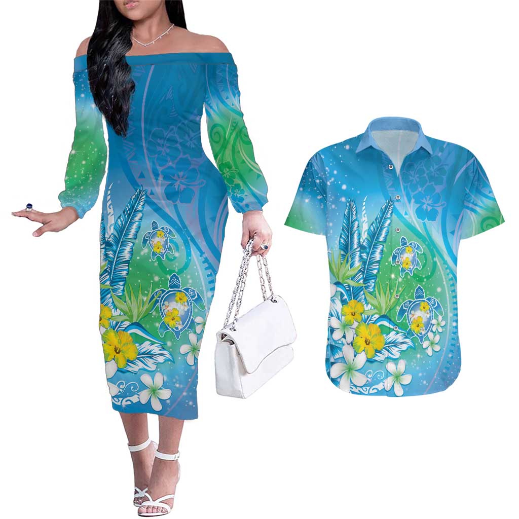 Hawaii Honu Couples Matching Off The Shoulder Long Sleeve Dress and Hawaiian Shirt Tropical Flowers Blue Gradient LT05 Blue - Polynesian Pride