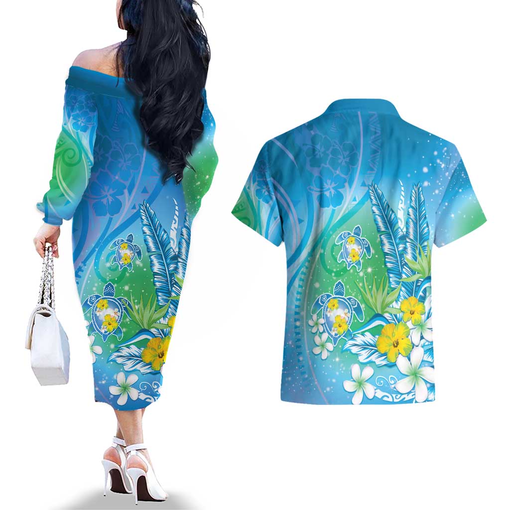 Hawaii Honu Couples Matching Off The Shoulder Long Sleeve Dress and Hawaiian Shirt Tropical Flowers Blue Gradient LT05 - Polynesian Pride