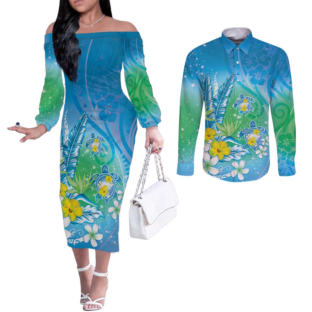 Hawaii Honu Couples Matching Off The Shoulder Long Sleeve Dress and Long Sleeve Button Shirt Tropical Flowers Blue Gradient LT05 Blue - Polynesian Pride