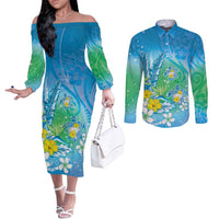 Hawaii Honu Couples Matching Off The Shoulder Long Sleeve Dress and Long Sleeve Button Shirt Tropical Flowers Blue Gradient LT05 Blue - Polynesian Pride