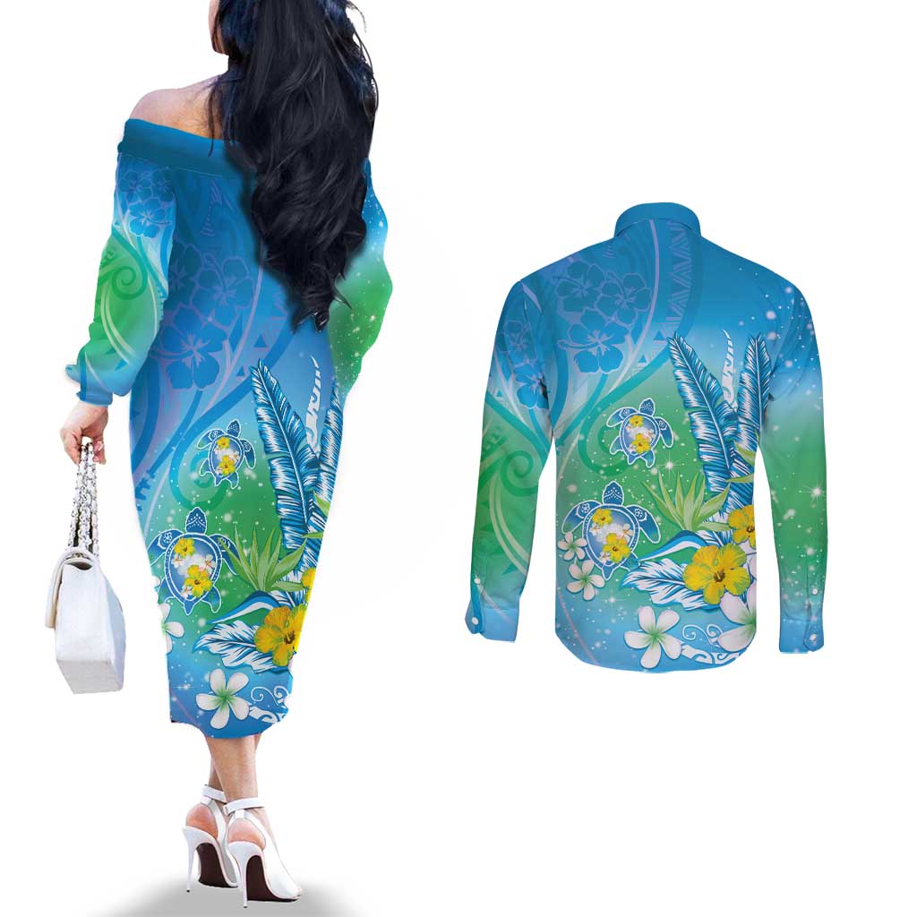 Hawaii Honu Couples Matching Off The Shoulder Long Sleeve Dress and Long Sleeve Button Shirt Tropical Flowers Blue Gradient LT05 - Polynesian Pride